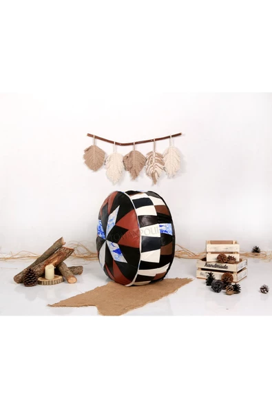 Şok Fiyat Açılışa Özel %50 Off! Art Deco El Yapımı Hakiki Deri Orijinal Bohem Ottoman Puf Minder60cm - Resim 3