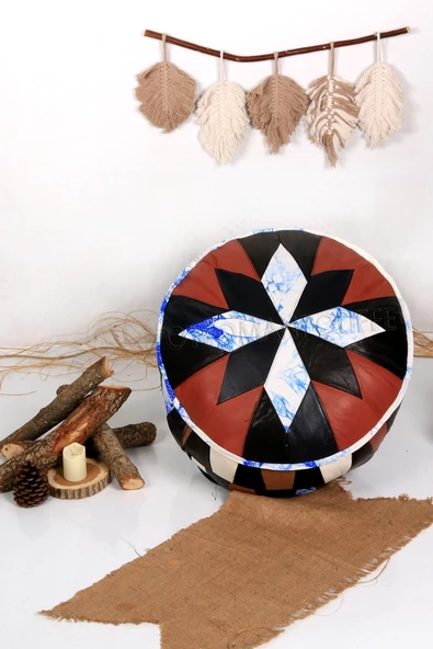 Şok Fiyat Açılışa Özel %50 Off! Art Deco El Yapımı Hakiki Deri Orijinal Bohem Ottoman Puf Minder60cm - Resim 6