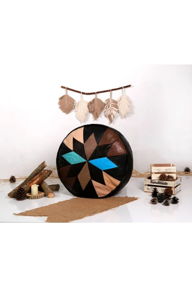 Şok Fiyat Açılışa Özel %50 Off! Art Deco El Yapımı Hakiki Deri Orijinal Bohem Ottoman Puf Minder60cm - Resim 4