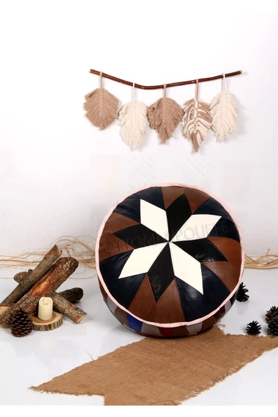 Şok Fiyat Açılışa Özel %50 Off! Art Deco El Yapımı Hakiki Deri Orijinal Bohem Ottoman Puf Minder60cm - 4