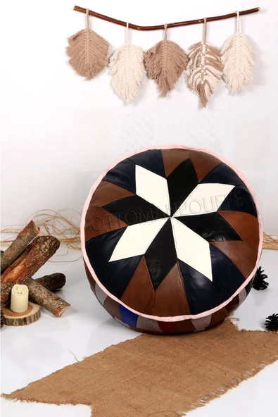 Şok Fiyat Açılışa Özel %50 Off! Art Deco El Yapımı Hakiki Deri Orijinal Bohem Ottoman Puf Minder60cm