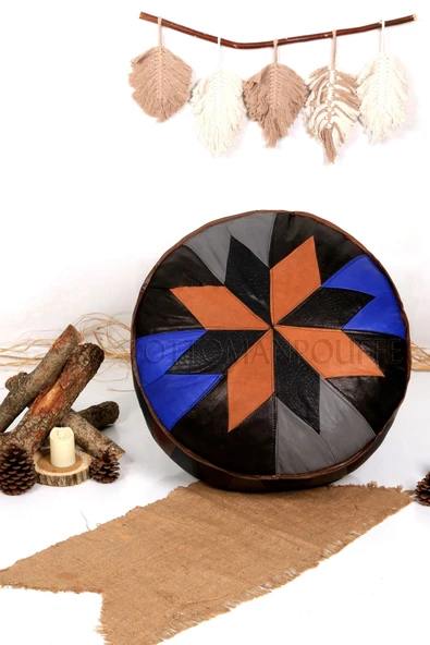Şok Fiyat Açılışa Özel %50 Off! Art Deco El Yapımı Hakiki Deri Orijinal Bohem Ottoman Puf Minder60cm ürün görseli 1