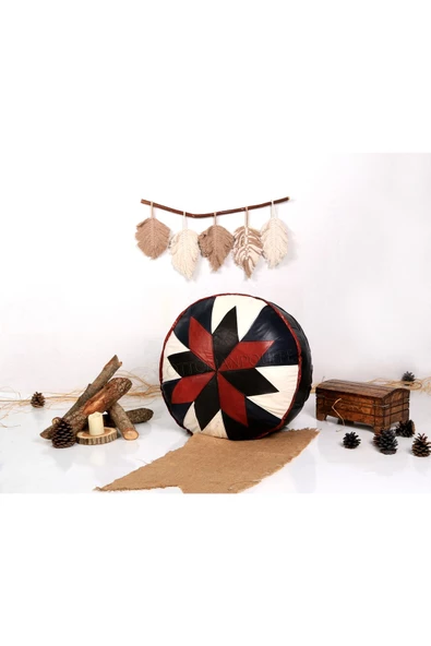 Şok Fiyat Açılışa Özel %50 Off! Art Deco El Yapımı Hakiki Deri Orijinal Bohem Ottoman Puf Minder60cm - 2