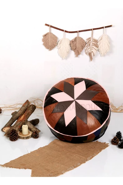 Şok Fiyat Açılışa Özel %50 Off! Art Deco El Yapımı Hakiki Deri Orijinal Bohem Ottoman Puf Minder60cm - Resim 3