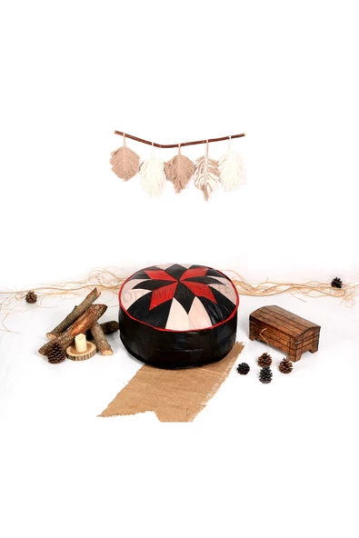 Şok Fiyat Açılışa Özel %50 Off! Art Deco El Yapımı Hakiki Deri Orijinal Bohem Ottoman Puf Minder60cm - Resim 2