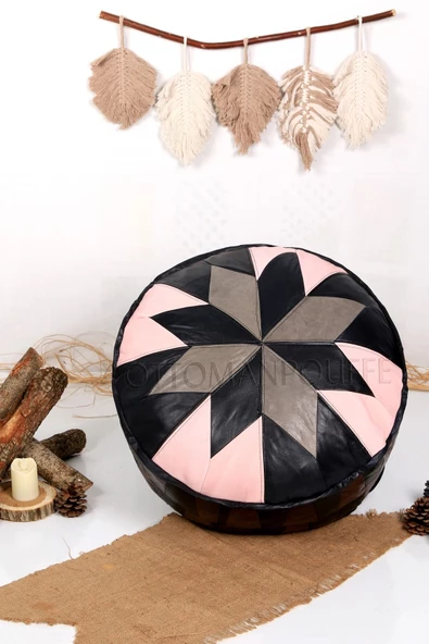 Şok Fiyat Açılışa Özel %50 Off! Art Deco El Yapımı Hakiki Deri Orijinal Bohem Ottoman Puf Minder60cm - Resim 4