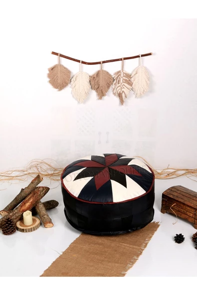 Şok Fiyat Açılışa Özel %50 Off! Art Deco El Yapımı Hakiki Deri Orijinal Bohem Ottoman Puf Minder60cm - Resim 4