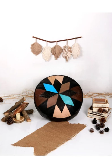 Şok Fiyat Açılışa Özel %50 Off! Art Deco El Yapımı Hakiki Deri Orijinal Bohem Ottoman Puf Minder60cm - Resim 5