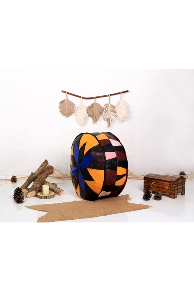 Şok Fiyat Açılışa Özel %50 Off! Art Deco El Yapımı Hakiki Deri Orijinal Bohem Ottoman Puf Minder60cm - 2