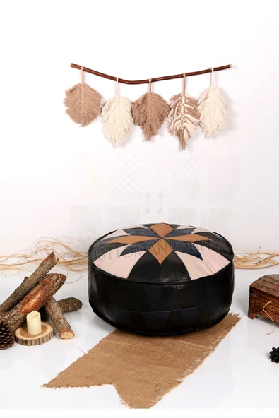 Şok Fiyat Açılışa Özel %50 Off! Art Deco El Yapımı Hakiki Deri Orijinal Bohem Ottoman Puf Minder60cm - Resim 3