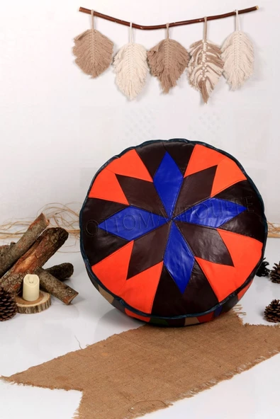 Şok Fiyat Açılışa Özel %50 Off! Art Deco El Yapımı Hakiki Deri Orijinal Bohem Ottoman Puf Minder60cm - Resim 4