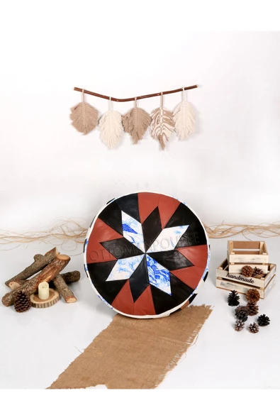 Şok Fiyat Açılışa Özel %50 Off! Art Deco El Yapımı Hakiki Deri Orijinal Bohem Ottoman Puf Minder60cm - Resim 4