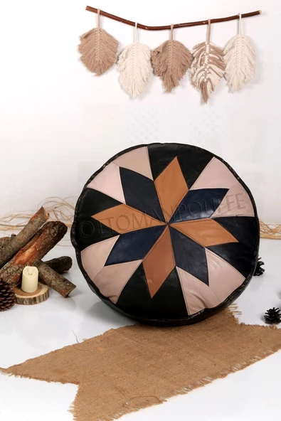 Şok Fiyat Açılışa Özel %50 Off! Art Deco El Yapımı Hakiki Deri Orijinal Bohem Ottoman Puf Minder60cm - 5