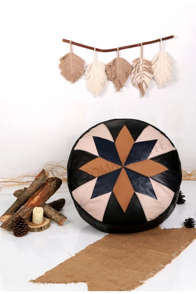 Şok Fiyat Açılışa Özel %50 Off! Art Deco El Yapımı Hakiki Deri Orijinal Bohem Ottoman Puf Minder60cm - Resim 5