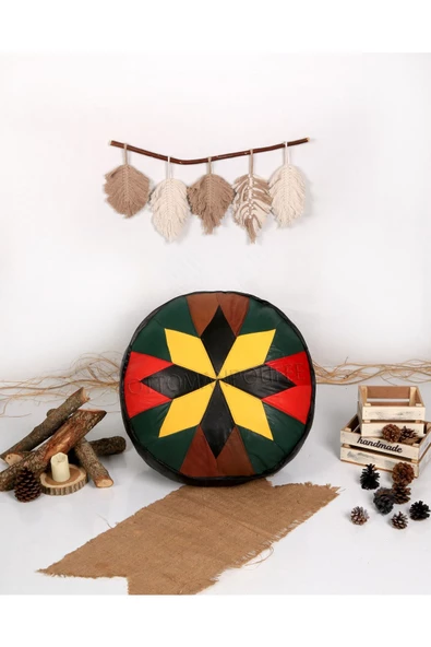 Şok Fiyat Açılışa Özel %50 Off! Art Deco El Yapımı Hakiki Deri Orijinal Bohem Ottoman Puf Minder60cm - Resim 5