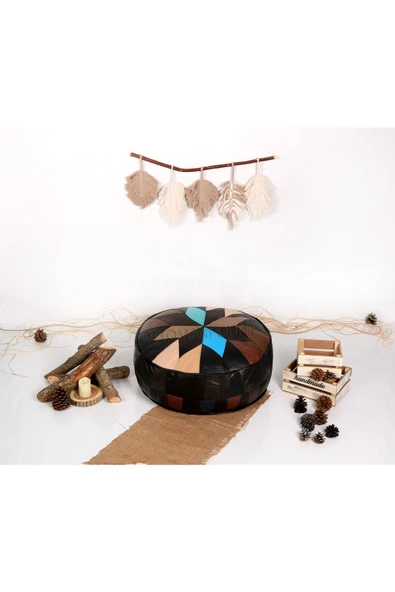 Şok Fiyat Açılışa Özel %50 Off! Art Deco El Yapımı Hakiki Deri Orijinal Bohem Ottoman Puf Minder60cm - Resim 2