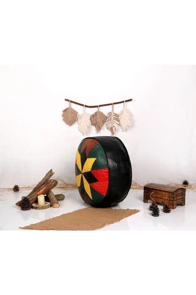 Şok Fiyat Açılışa Özel %50 Off! Art Deco El Yapımı Hakiki Deri Orijinal Bohem Ottoman Puf Minder60cm - Resim 3