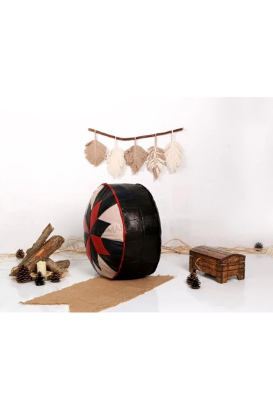 Şok Fiyat Açılışa Özel %50 Off! Art Deco El Yapımı Hakiki Deri Orijinal Bohem Ottoman Puf Minder60cm - 3