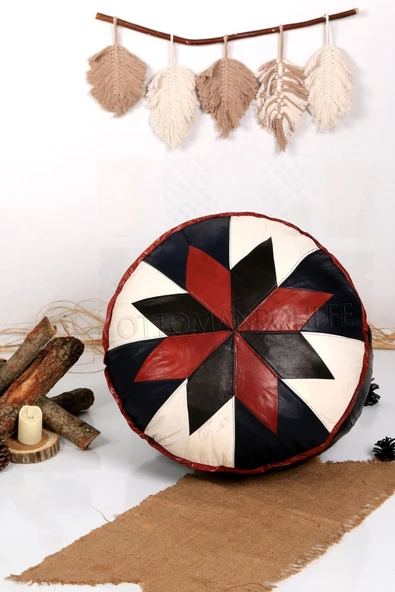 Şok Fiyat Açılışa Özel %50 Off! Art Deco El Yapımı Hakiki Deri Orijinal Bohem Ottoman Puf Minder60cm - 5