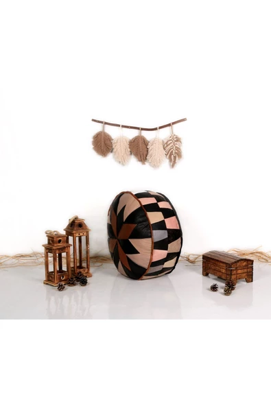 Şok Fiyat Açılışa Özel %50 Off! Art Deco El Yapımı Hakiki Deri Orijinal Bohem Ottoman Puf Minder60cm - 2