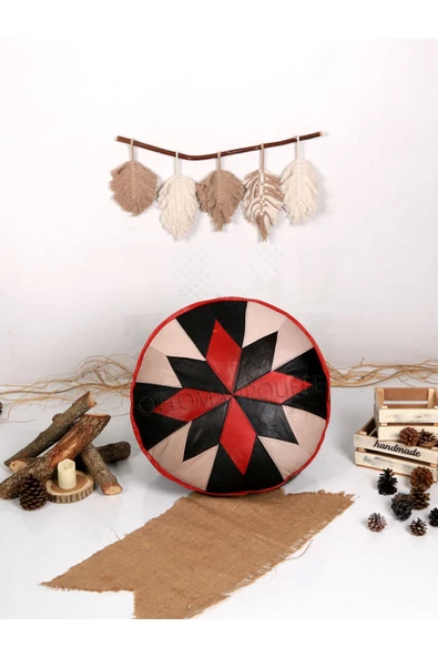 Şok Fiyat Açılışa Özel %50 Off! Art Deco El Yapımı Hakiki Deri Orijinal Bohem Ottoman Puf Minder60cm - Resim 5