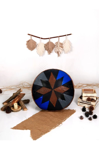 Şok Fiyat Açılışa Özel %50 Off! Art Deco El Yapımı Hakiki Deri Orijinal Bohem Ottoman Puf Minder60cm - 5