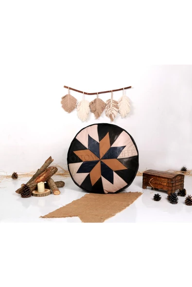 Şok Fiyat Açılışa Özel %50 Off! Art Deco El Yapımı Hakiki Deri Orijinal Bohem Ottoman Puf Minder60cm - Resim 4