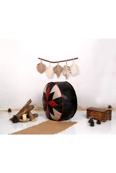 Şok Fiyat Açılışa Özel %50 Off! Art Deco El Yapımı Hakiki Deri Orijinal Bohem Ottoman Puf Minder60cm - Resim 3