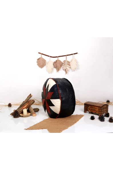 Şok Fiyat Açılışa Özel %50 Off! Art Deco El Yapımı Hakiki Deri Orijinal Bohem Ottoman Puf Minder60cm - 3