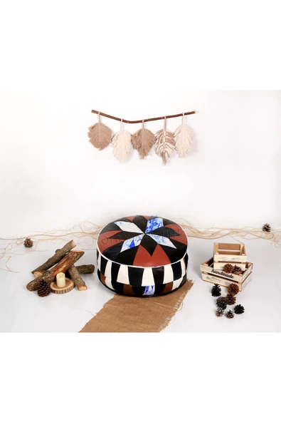 Şok Fiyat Açılışa Özel %50 Off! Art Deco El Yapımı Hakiki Deri Orijinal Bohem Ottoman Puf Minder60cm - Resim 2