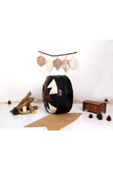 Şok Fiyat Açılışa Özel %50 Off! Art Deco El Yapımı Hakiki Deri Orijinal Bohem Ottoman Puf Minder60cm - Resim 3