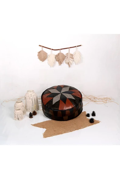 Şok Fiyat Açılışa Özel %50 Off! Art Deco El Yapımı Hakiki Deri Orijinal Bohem Ottoman Puf Minder60cm - 3