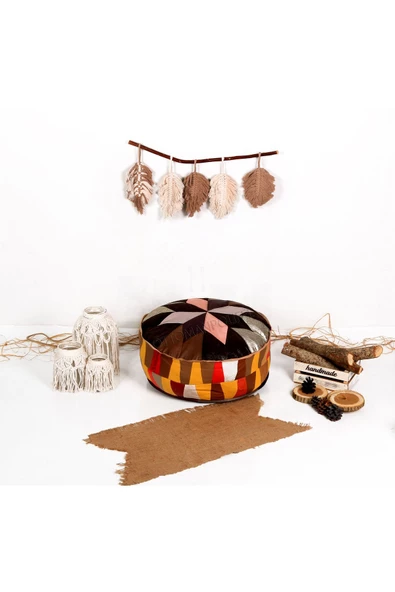 Art Deco El Yapımı Deri Orijinal Bohem Ottoman Puf Minder60cm - Resim 2