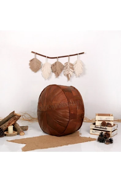 Açılışa Özel Fiyat! Art Deco El Yapımı Hakiki Deri Ottoman Bohem Pouf Minder 60x30 Dolgulu - Resim 6