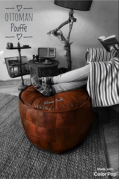 Dolgulu ! El Yapımı Hakiki Deri Orijinal Bohem Ottoman Puf Yer Ayak Minderi 60x42cm - Resim 5