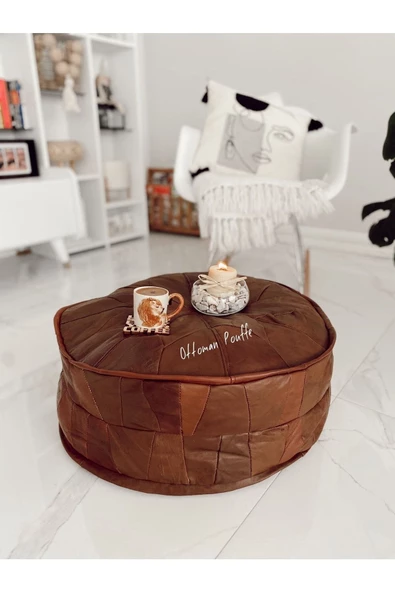 Açılışa Özel Fiyat! Art Deco El Yapımı Hakiki Deri Ottoman Bohem Pouf Minder 60x30 Dolgulu