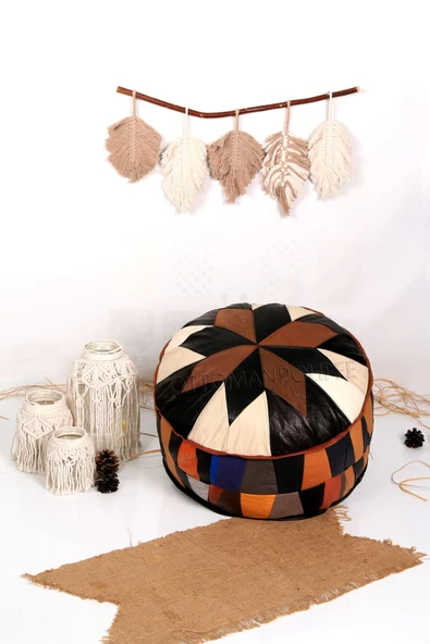 Şok Fiyat Açılışa Özel %50 Off! Art Deco El Yapımı Hakiki Deri Orijinal Bohem Ottoman Puf Minder60cm - 5