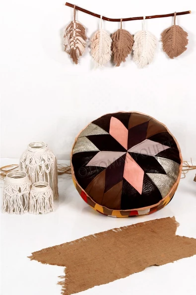 Art Deco El Yapımı Deri Orijinal Bohem Ottoman Puf Minder60cm ürün görseli