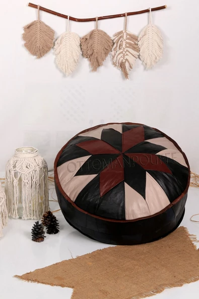 Şok Fiyat Açılışa Özel %50 Off! Art Deco El Yapımı Hakiki Deri Orijinal Bohem Ottoman Puf Minder60cm ürün görseli 1