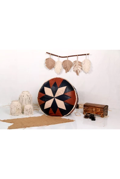 Şok Fiyat Açılışa Özel %50 Off! Art Deco El Yapımı Hakiki Deri Orijinal Bohem Ottoman Puf Minder60cm - Resim 3