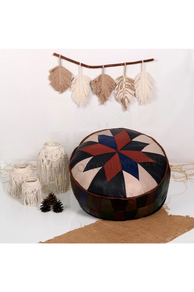 Şok Fiyat Açılışa Özel %50 Off! Art Deco El Yapımı Hakiki Deri Orijinal Bohem Ottoman Puf Minder60cm - Resim 3