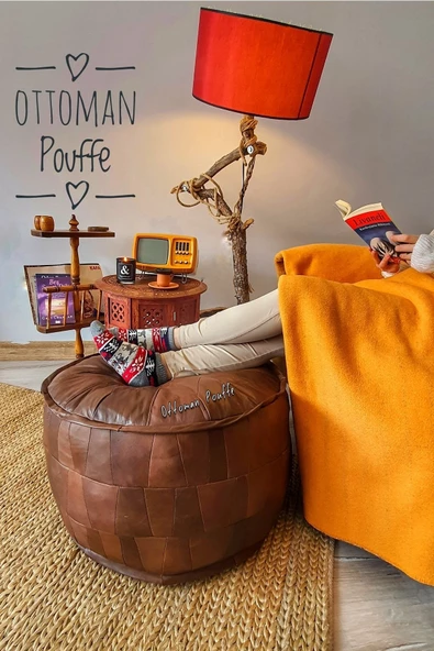 Dolgulu ! El Yapımı Hakiki Deri Orijinal Bohem Ottoman Puf Yer Ayak Minderi 60x42cm - Resim 6