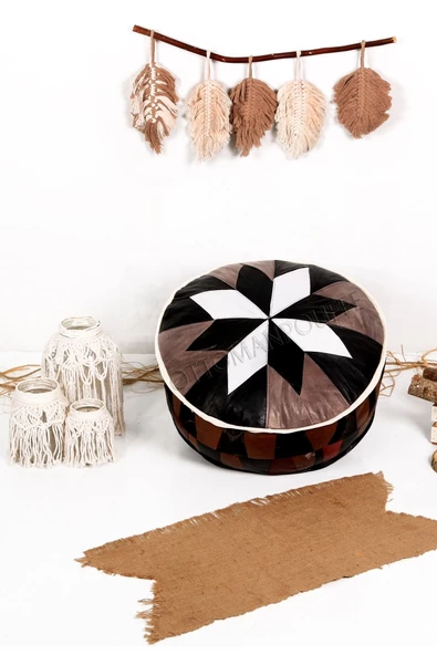 Şok Fiyat Açılışa Özel %50 Off! Art Deco El Yapımı Hakiki Deri Orijinal Bohem Ottoman Puf Minder60cm ürün görseli 1