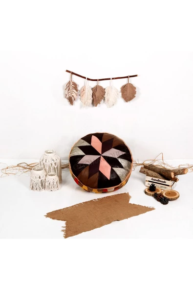 Art Deco El Yapımı Deri Orijinal Bohem Ottoman Puf Minder60cm - Resim 4