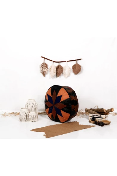 Şok Fiyat Açılışa Özel %50 Off! Art Deco El Yapımı Hakiki Deri Orijinal Bohem Ottoman Puf Minder60cm - Resim 3