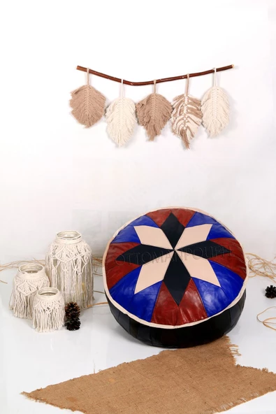 Şok Fiyat Açılışa Özel %50 Off! Art Deco El Yapımı Hakiki Deri Orijinal Bohem Ottoman Puf Minder60cm - Resim 3