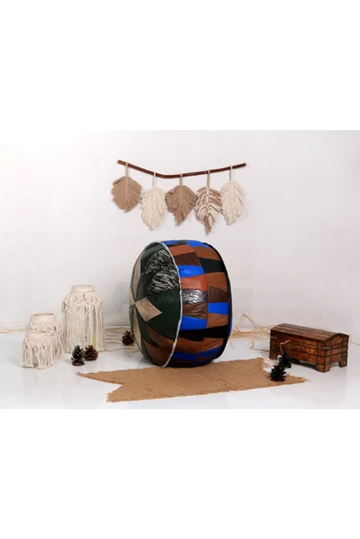 Şok Fiyat Açılışa Özel %50 Off! Art Deco El Yapımı Hakiki Deri Orijinal Bohem Ottoman Puf Minder60cm - 3