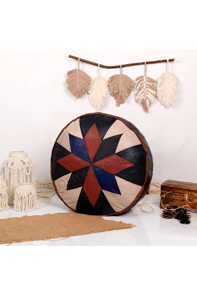 Şok Fiyat Açılışa Özel %50 Off! Art Deco El Yapımı Hakiki Deri Orijinal Bohem Ottoman Puf Minder60cm - Resim 5