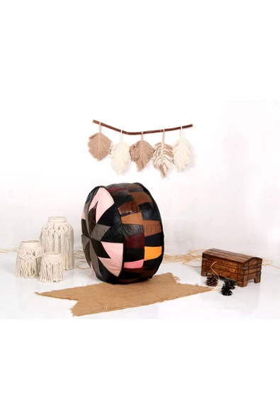 Şok Fiyat Açılışa Özel %50 Off! Art Deco El Yapımı Hakiki Deri Orijinal Bohem Ottoman Puf Minder60cm - Resim 2