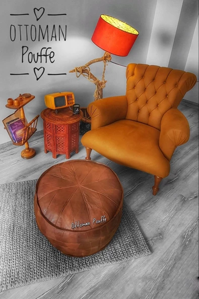 Dolgulu ! El Yapımı Hakiki Deri Orijinal Bohem Ottoman Puf Yer Ayak Minderi 60x42cm - Resim 2